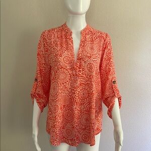 Lush Orange and White 3/4 Sleeve Blouse with Mandarin Collar